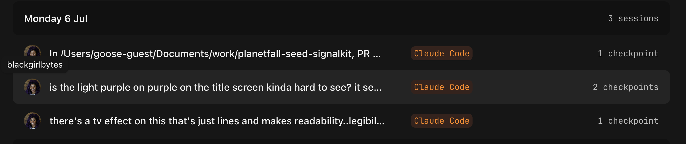 Entire session list grouped by day with usernames, agents, and checkpoint counts