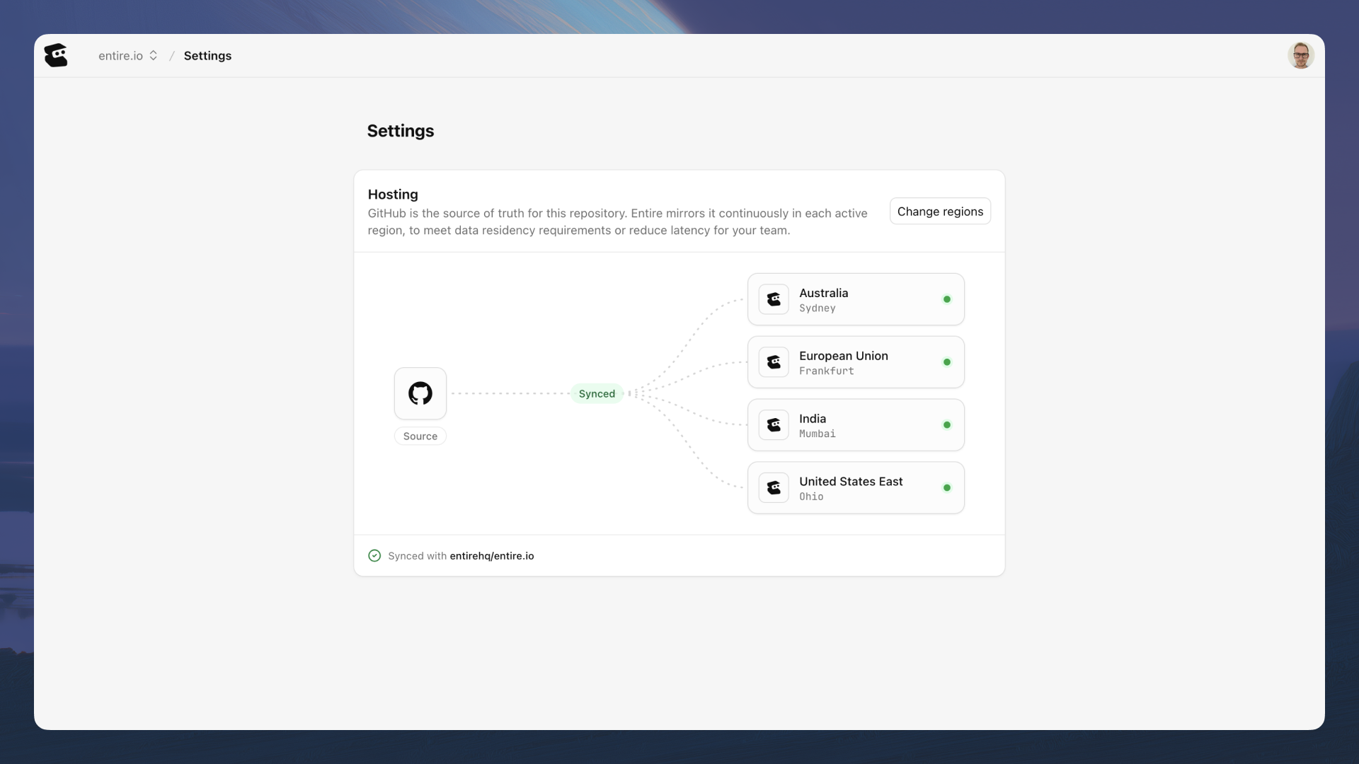 GitHub repository mirrored across Entire regions in Australia, Germany, India, and the United States
