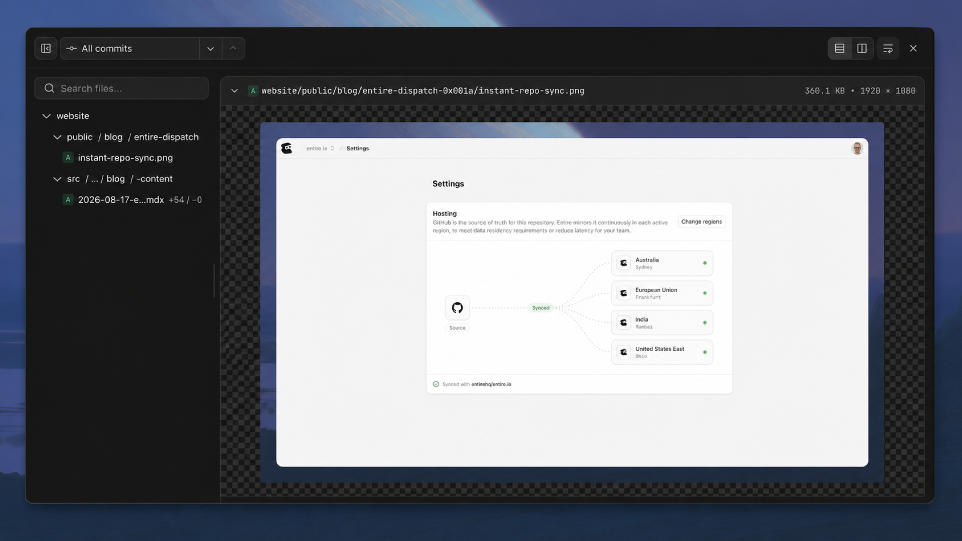 Repository and diff browsing with a resizable file tree and inline image preview